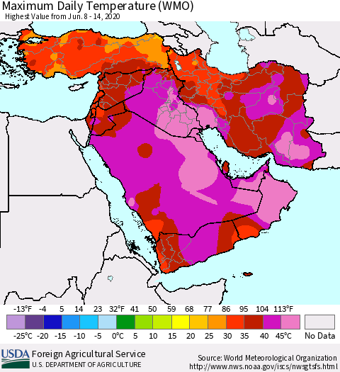 Middle East and Turkey Maximum Daily Temperature (WMO) Thematic Map For 6/8/2020 - 6/14/2020