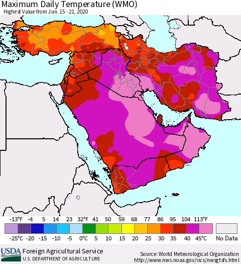 Middle East and Turkey Maximum Daily Temperature (WMO) Thematic Map For 6/15/2020 - 6/21/2020