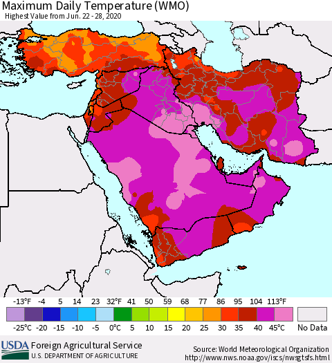 Middle East and Turkey Maximum Daily Temperature (WMO) Thematic Map For 6/22/2020 - 6/28/2020