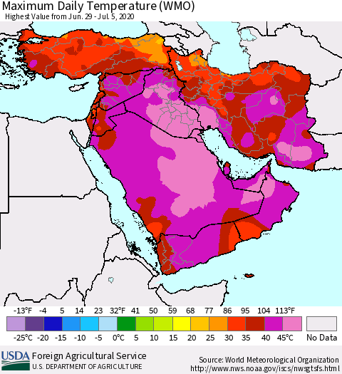 Middle East and Turkey Maximum Daily Temperature (WMO) Thematic Map For 6/29/2020 - 7/5/2020