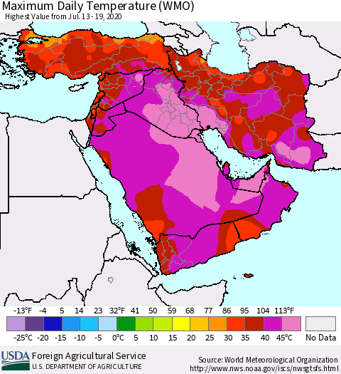 Middle East and Turkey Maximum Daily Temperature (WMO) Thematic Map For 7/13/2020 - 7/19/2020