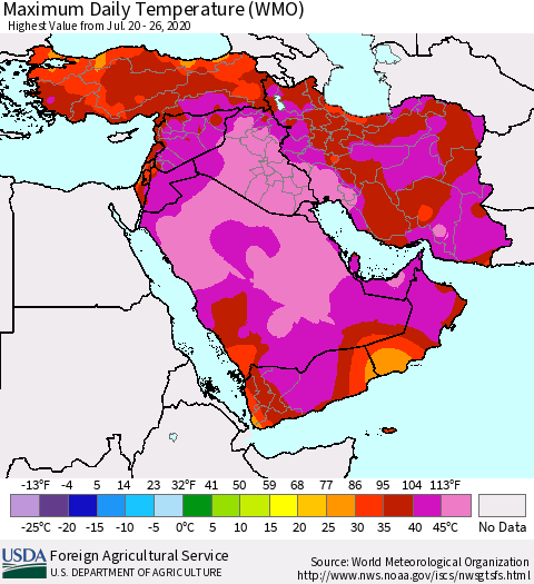 Middle East and Turkey Maximum Daily Temperature (WMO) Thematic Map For 7/20/2020 - 7/26/2020
