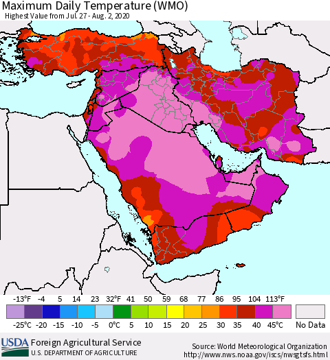Middle East and Turkey Maximum Daily Temperature (WMO) Thematic Map For 7/27/2020 - 8/2/2020