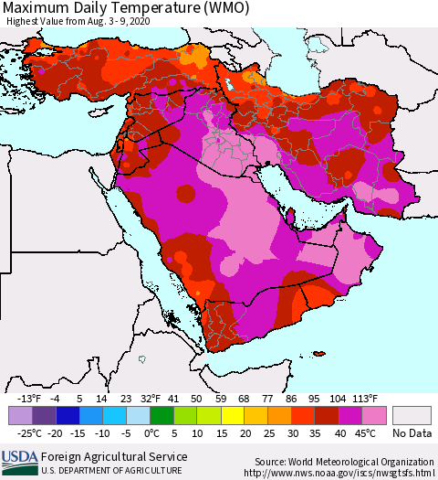 Middle East and Turkey Maximum Daily Temperature (WMO) Thematic Map For 8/3/2020 - 8/9/2020