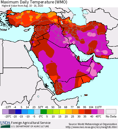 Middle East and Turkey Maximum Daily Temperature (WMO) Thematic Map For 8/10/2020 - 8/16/2020