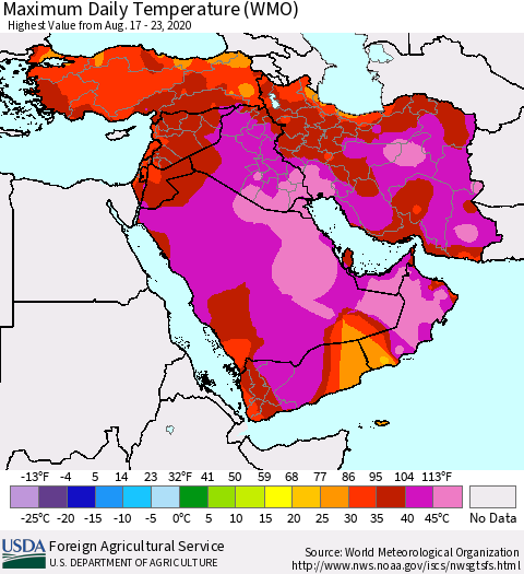 Middle East and Turkey Maximum Daily Temperature (WMO) Thematic Map For 8/17/2020 - 8/23/2020