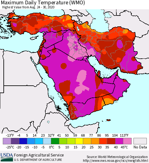 Middle East and Turkey Maximum Daily Temperature (WMO) Thematic Map For 8/24/2020 - 8/30/2020