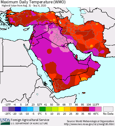 Middle East and Turkey Maximum Daily Temperature (WMO) Thematic Map For 8/31/2020 - 9/6/2020