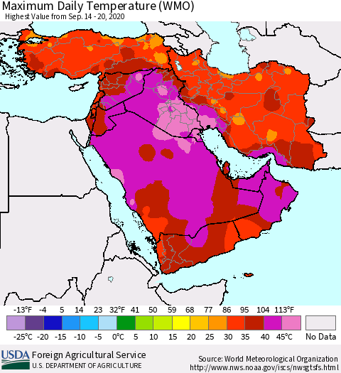 Middle East and Turkey Maximum Daily Temperature (WMO) Thematic Map For 9/14/2020 - 9/20/2020