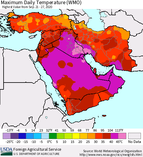 Middle East and Turkey Maximum Daily Temperature (WMO) Thematic Map For 9/21/2020 - 9/27/2020
