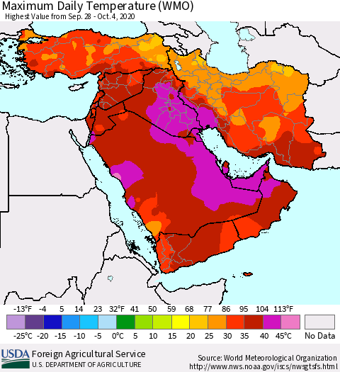 Middle East and Turkey Maximum Daily Temperature (WMO) Thematic Map For 9/28/2020 - 10/4/2020