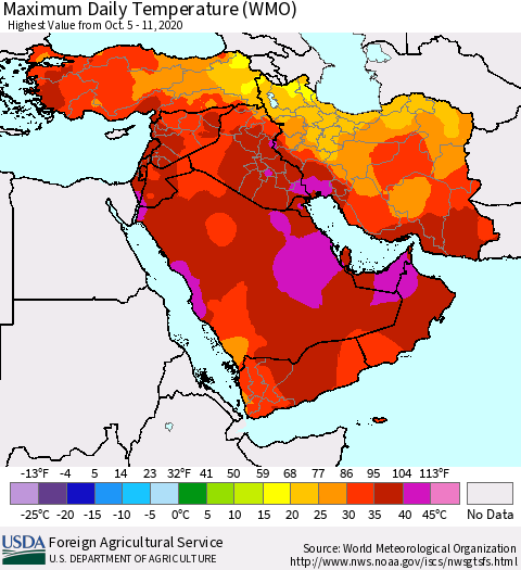 Middle East and Turkey Maximum Daily Temperature (WMO) Thematic Map For 10/5/2020 - 10/11/2020