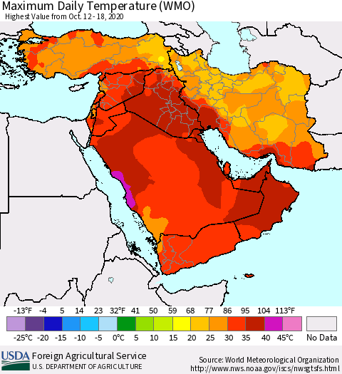 Middle East and Turkey Maximum Daily Temperature (WMO) Thematic Map For 10/12/2020 - 10/18/2020