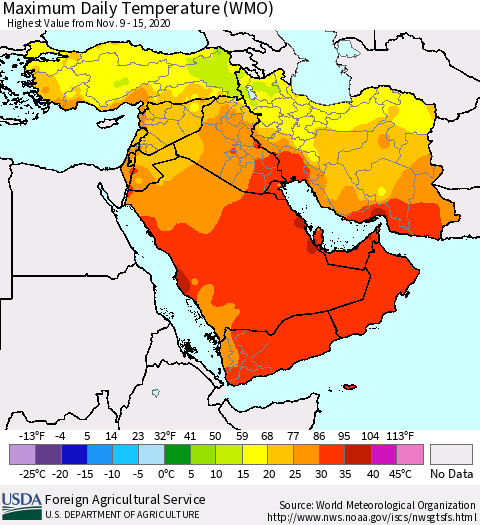 Middle East and Turkey Maximum Daily Temperature (WMO) Thematic Map For 11/9/2020 - 11/15/2020