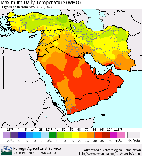 Middle East and Turkey Maximum Daily Temperature (WMO) Thematic Map For 11/16/2020 - 11/22/2020