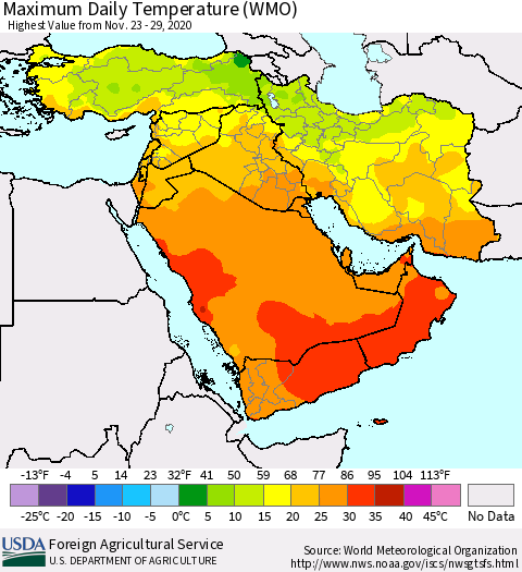Middle East and Turkey Maximum Daily Temperature (WMO) Thematic Map For 11/23/2020 - 11/29/2020