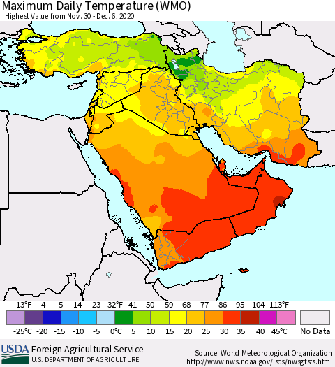 Middle East and Turkey Maximum Daily Temperature (WMO) Thematic Map For 11/30/2020 - 12/6/2020