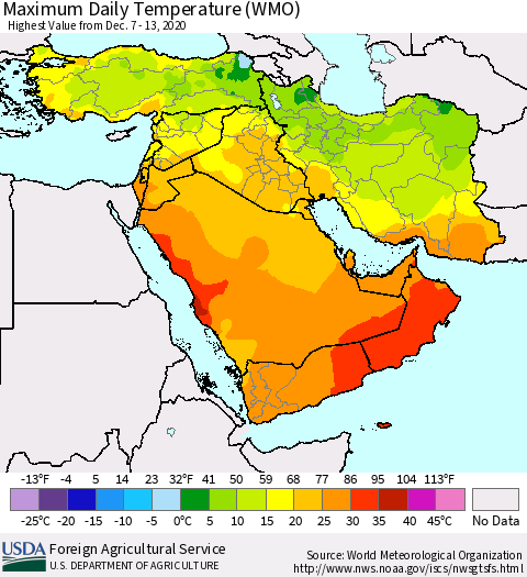 Middle East and Turkey Maximum Daily Temperature (WMO) Thematic Map For 12/7/2020 - 12/13/2020