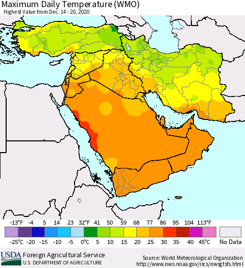 Middle East and Turkey Maximum Daily Temperature (WMO) Thematic Map For 12/14/2020 - 12/20/2020