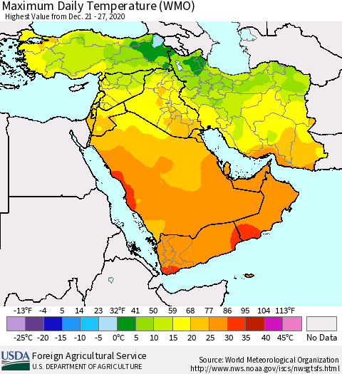 Middle East and Turkey Maximum Daily Temperature (WMO) Thematic Map For 12/21/2020 - 12/27/2020