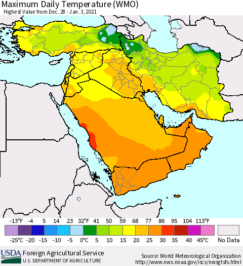 Middle East and Turkey Maximum Daily Temperature (WMO) Thematic Map For 12/28/2020 - 1/3/2021