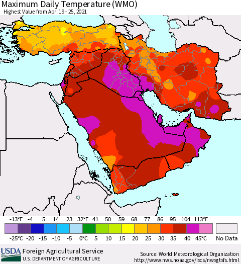 Middle East and Turkey Maximum Daily Temperature (WMO) Thematic Map For 4/19/2021 - 4/25/2021