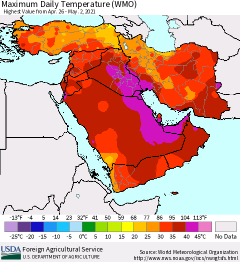 Middle East and Turkey Maximum Daily Temperature (WMO) Thematic Map For 4/26/2021 - 5/2/2021