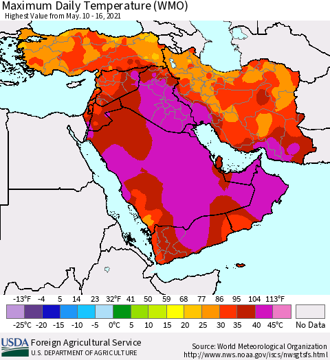 Middle East and Turkey Maximum Daily Temperature (WMO) Thematic Map For 5/10/2021 - 5/16/2021
