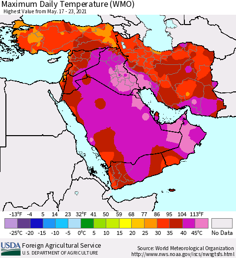 Middle East and Turkey Maximum Daily Temperature (WMO) Thematic Map For 5/17/2021 - 5/23/2021