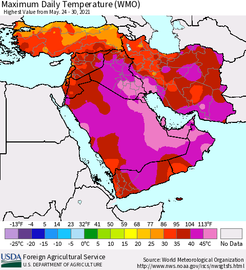 Middle East and Turkey Maximum Daily Temperature (WMO) Thematic Map For 5/24/2021 - 5/30/2021