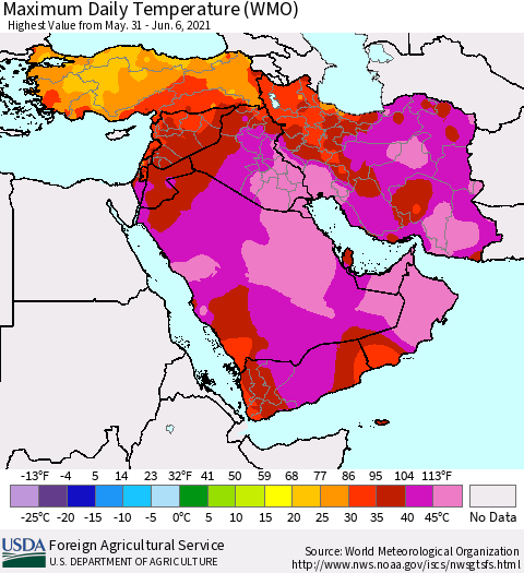 Middle East and Turkey Maximum Daily Temperature (WMO) Thematic Map For 5/31/2021 - 6/6/2021