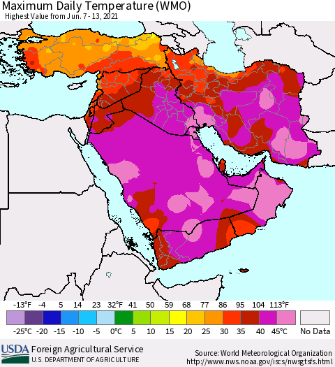 Middle East and Turkey Maximum Daily Temperature (WMO) Thematic Map For 6/7/2021 - 6/13/2021