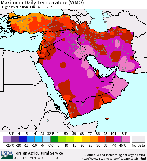 Middle East and Turkey Maximum Daily Temperature (WMO) Thematic Map For 6/14/2021 - 6/20/2021