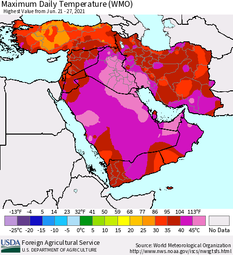 Middle East and Turkey Maximum Daily Temperature (WMO) Thematic Map For 6/21/2021 - 6/27/2021