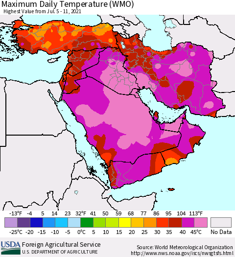 Middle East and Turkey Maximum Daily Temperature (WMO) Thematic Map For 7/5/2021 - 7/11/2021