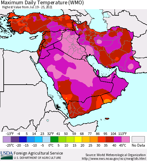 Middle East and Turkey Maximum Daily Temperature (WMO) Thematic Map For 7/19/2021 - 7/25/2021