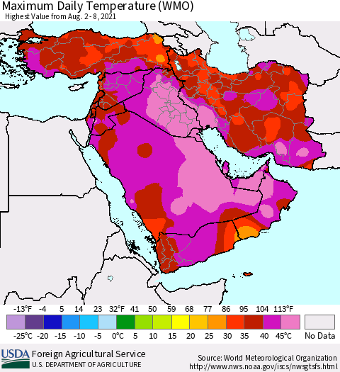 Middle East and Turkey Maximum Daily Temperature (WMO) Thematic Map For 8/2/2021 - 8/8/2021