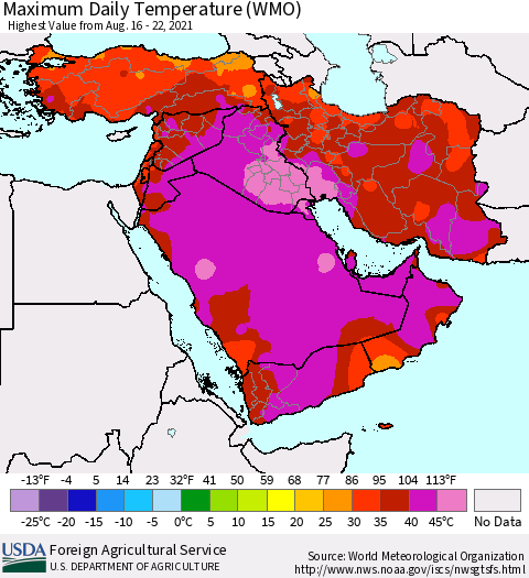 Middle East and Turkey Maximum Daily Temperature (WMO) Thematic Map For 8/16/2021 - 8/22/2021
