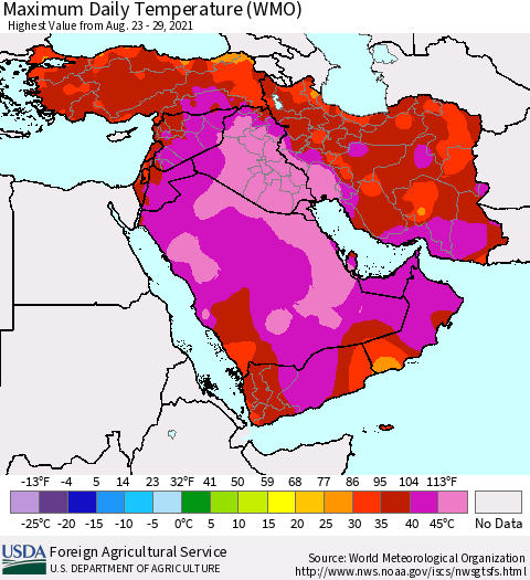 Middle East and Turkey Maximum Daily Temperature (WMO) Thematic Map For 8/23/2021 - 8/29/2021