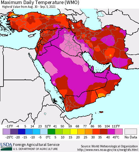 Middle East and Turkey Maximum Daily Temperature (WMO) Thematic Map For 8/30/2021 - 9/5/2021