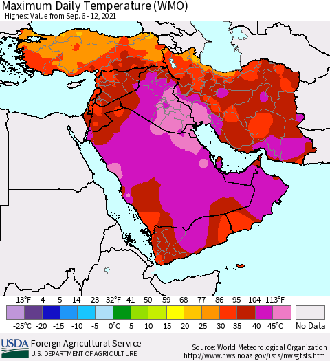 Middle East and Turkey Maximum Daily Temperature (WMO) Thematic Map For 9/6/2021 - 9/12/2021