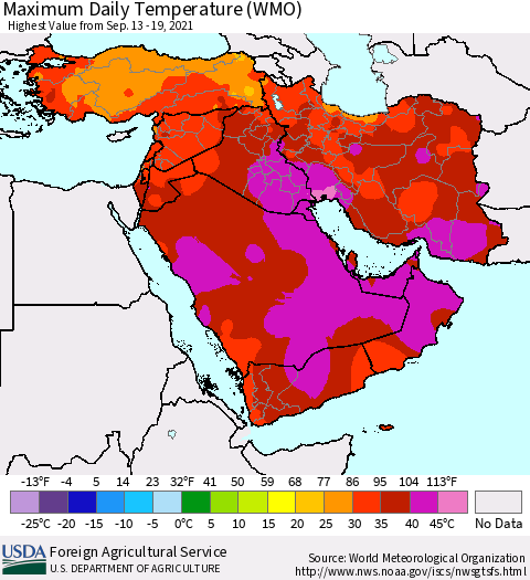 Middle East and Turkey Maximum Daily Temperature (WMO) Thematic Map For 9/13/2021 - 9/19/2021