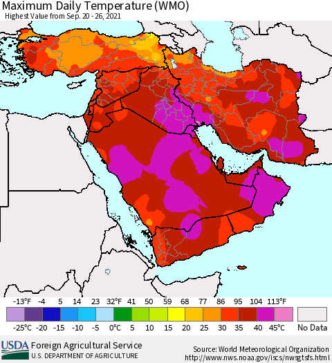 Middle East and Turkey Maximum Daily Temperature (WMO) Thematic Map For 9/20/2021 - 9/26/2021