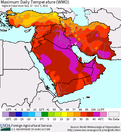 Middle East and Turkey Maximum Daily Temperature (WMO) Thematic Map For 9/27/2021 - 10/3/2021