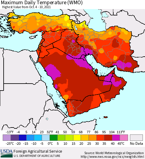 Middle East and Turkey Maximum Daily Temperature (WMO) Thematic Map For 10/4/2021 - 10/10/2021