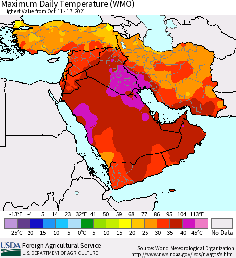 Middle East and Turkey Maximum Daily Temperature (WMO) Thematic Map For 10/11/2021 - 10/17/2021