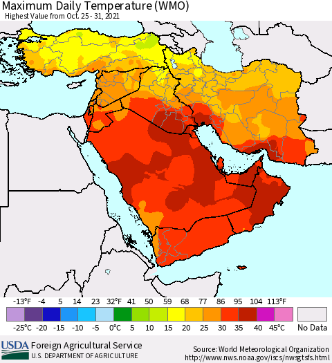 Middle East and Turkey Maximum Daily Temperature (WMO) Thematic Map For 10/25/2021 - 10/31/2021