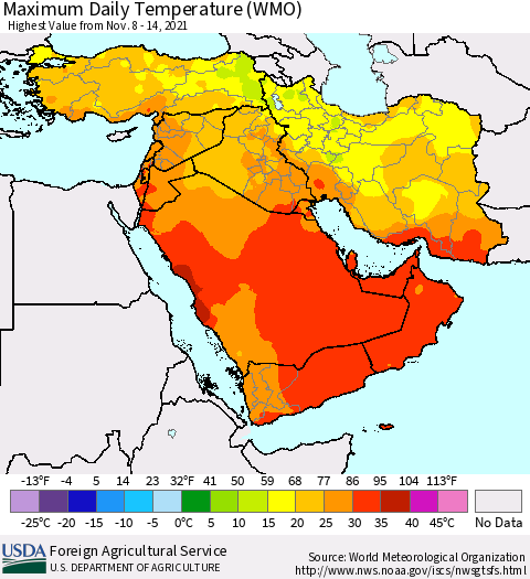 Middle East and Turkey Maximum Daily Temperature (WMO) Thematic Map For 11/8/2021 - 11/14/2021