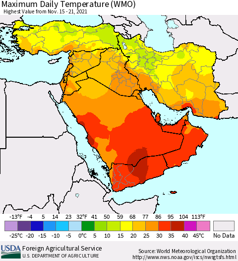 Middle East and Turkey Maximum Daily Temperature (WMO) Thematic Map For 11/15/2021 - 11/21/2021