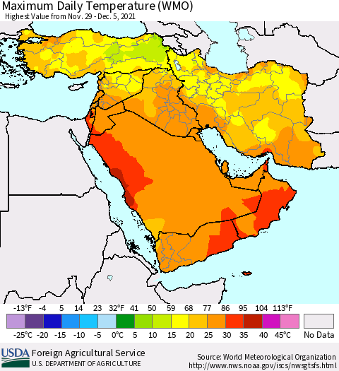 Middle East and Turkey Maximum Daily Temperature (WMO) Thematic Map For 11/29/2021 - 12/5/2021